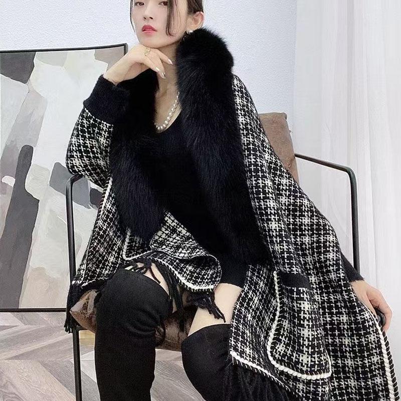 New winter cape jacket knitted plaid pattern women sweater female cardigan long sleeve autumn