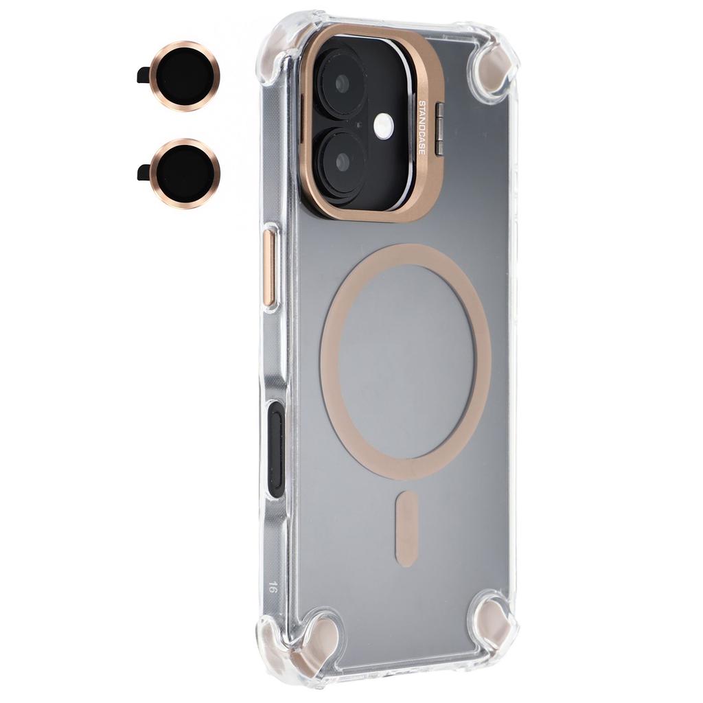 For iPhone 16 Magnetic Clear Case Shockproof Hybrid Phone Shell with Camera Lens Frame Kickstand