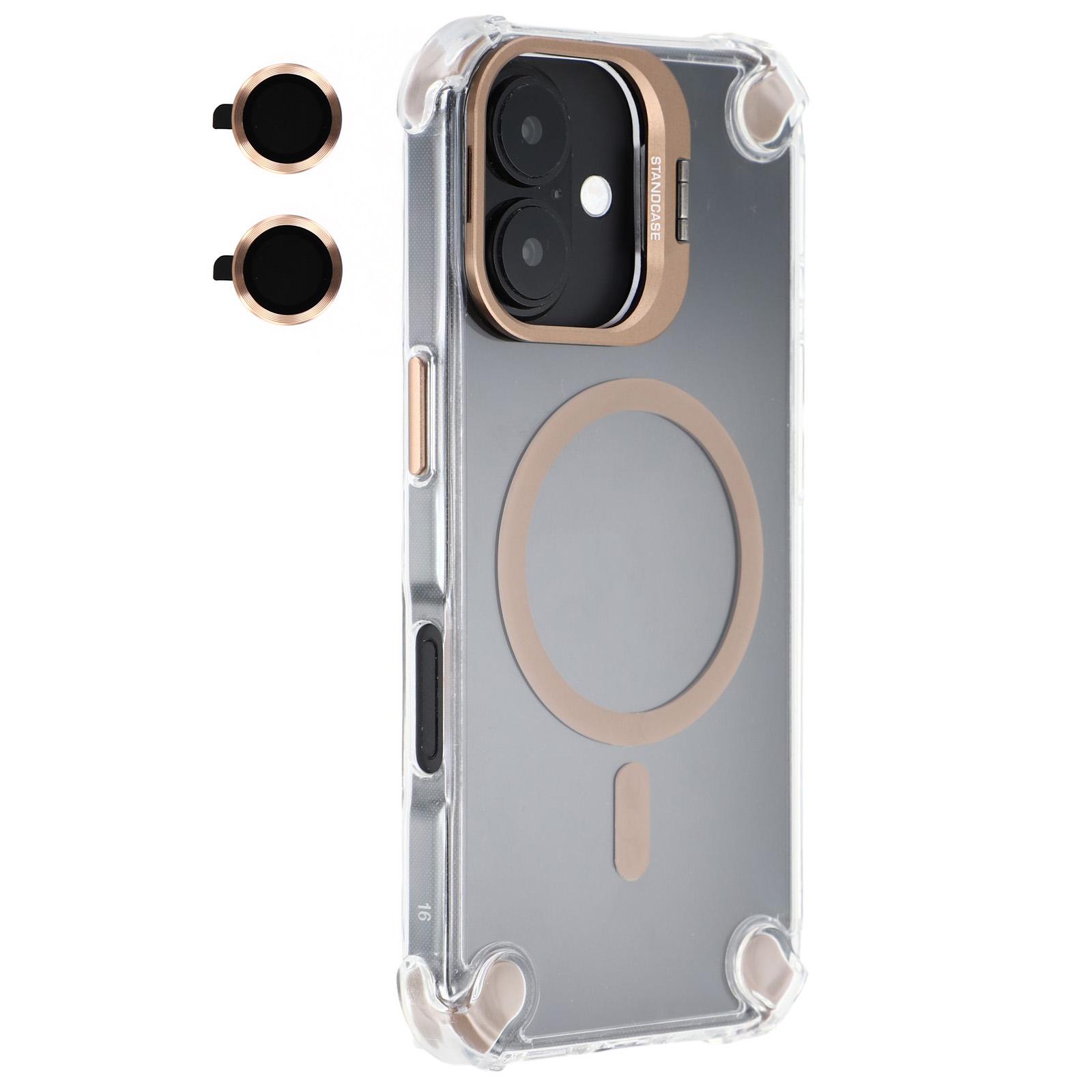 

For iPhone 16 Plus Magnetic Clear Case Shockproof Hybrid Phone Shell with Camera Lens Frame Kickstand Brown