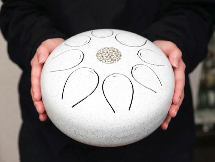Healing Drum, Steel Tongue Drum, 8 Notes, Flower of Life Design, Silver, 20cm, with Mallets, for Meditation, Yoga, and Music Therapy