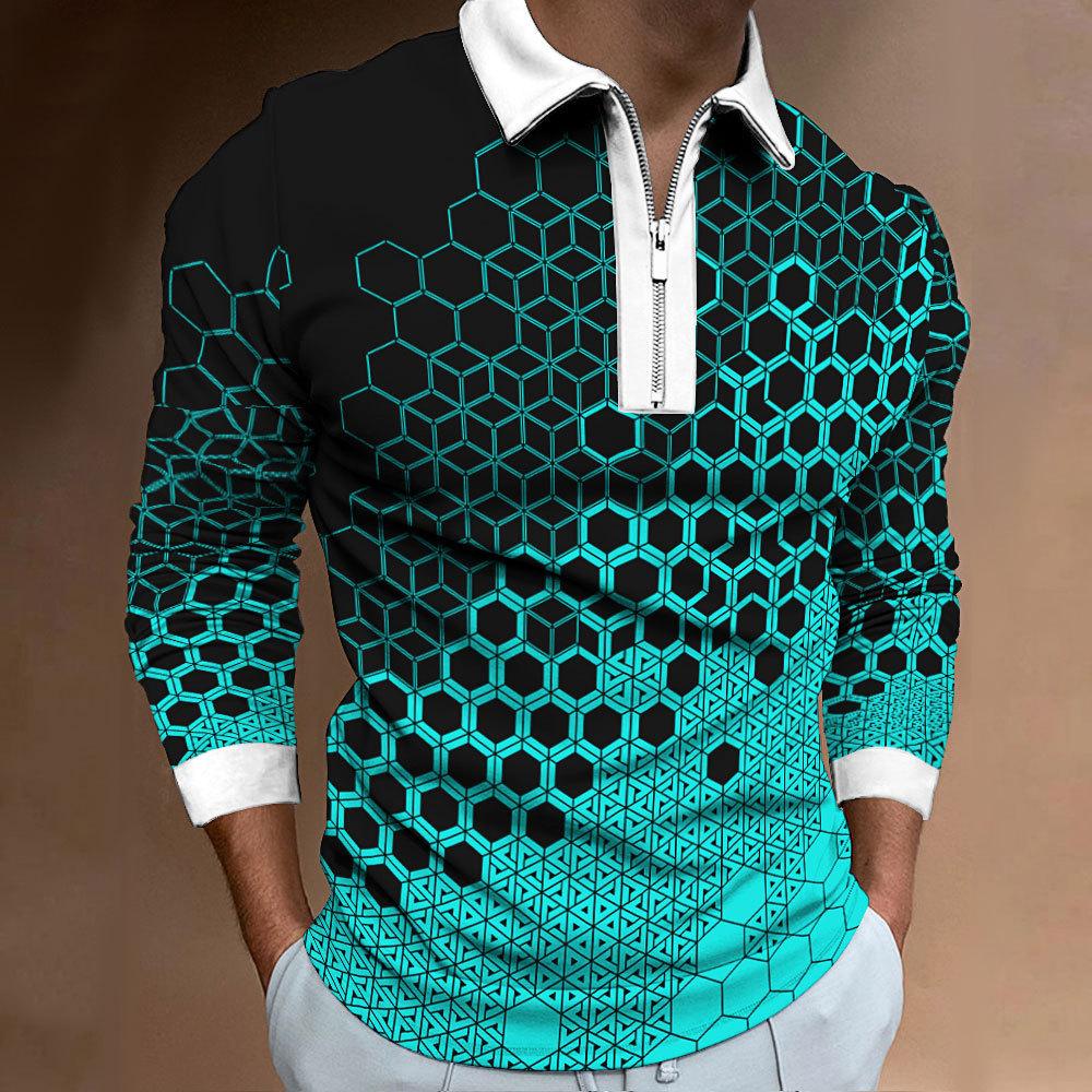 Men's Zip Fashion Slim Men's 3D Plaid Digital Print Long Sleeve Polo Shirt Top