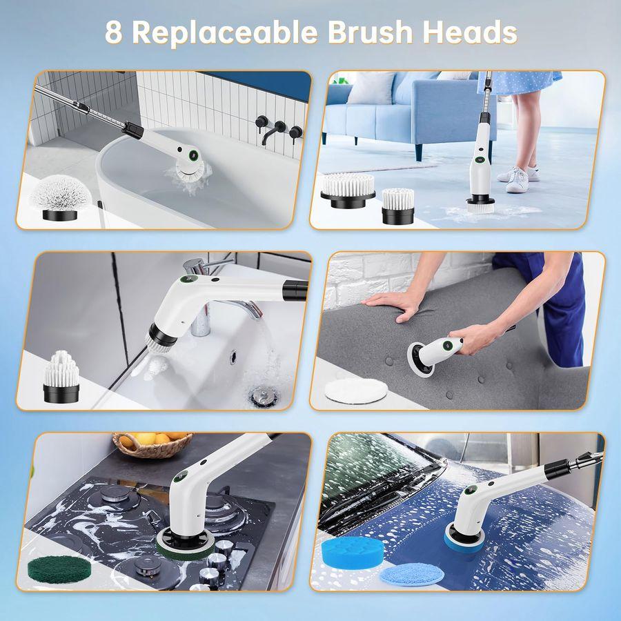 Spin Scrubber, Cordless Shower Scrubber with 8 Scrub Brush, 2 Speed with Adjustable Extension Handle, Battery Level Display, Pow