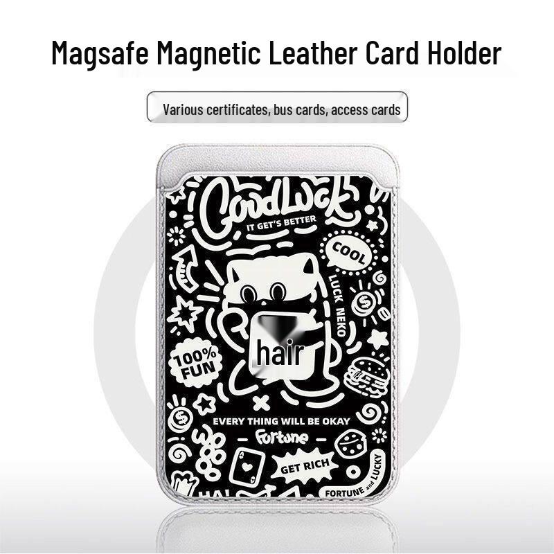 

Black Graffiti Fortune Cat Leather MAGsafe Card Holder Case for Apple Phones Single Card Holder