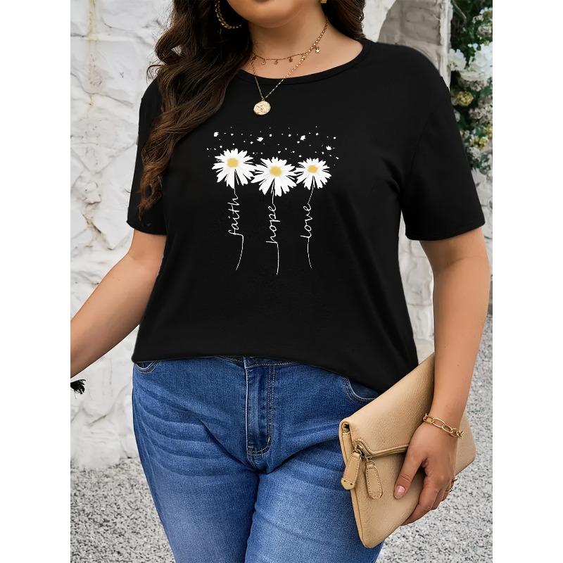 European sizes Black T-Shirt with Daisy Print for Women S