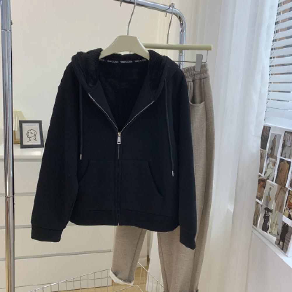 Женский осенний плюс бархатный свободный флисовый с капюшоном зимний пуховик куртка пуловеры толстовки для женщин уличная одежда для отдыха на открытом воздухе M чёрный 3217₽