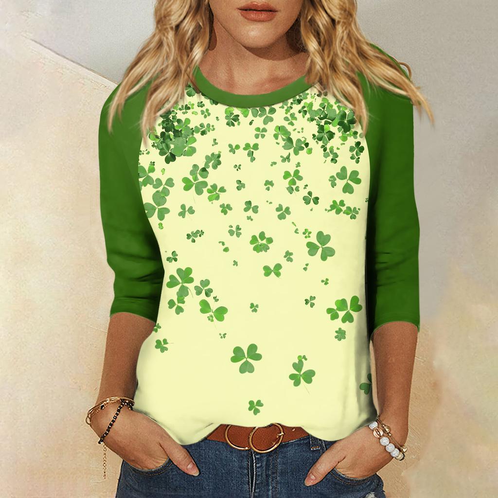 Women's St. Patrick's Day Print Round Neck Three-Quarter Sleeve Top