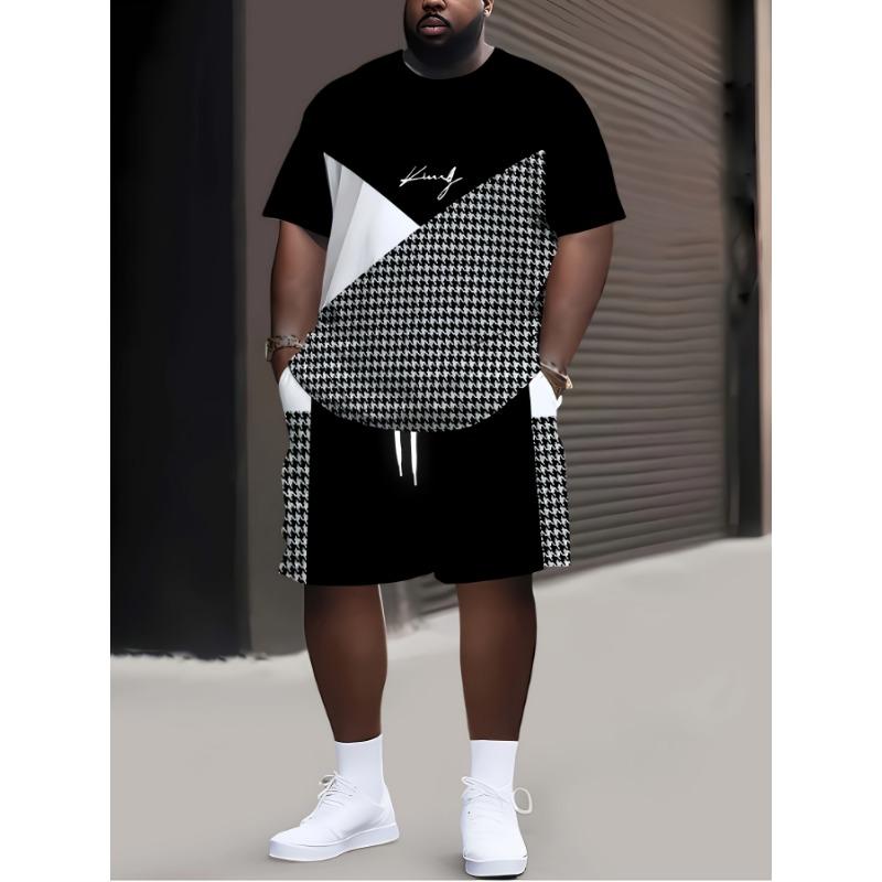 

2 pieces men s printed plaid short-sleeved T-shirt casual suits suitable for summer outdoor wear S