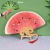Watermelon Print Round Fan with Wooden Long Handle Portable Lightweight Outdoor Travel Camping Picnic Summer Handheld Paper Fan
