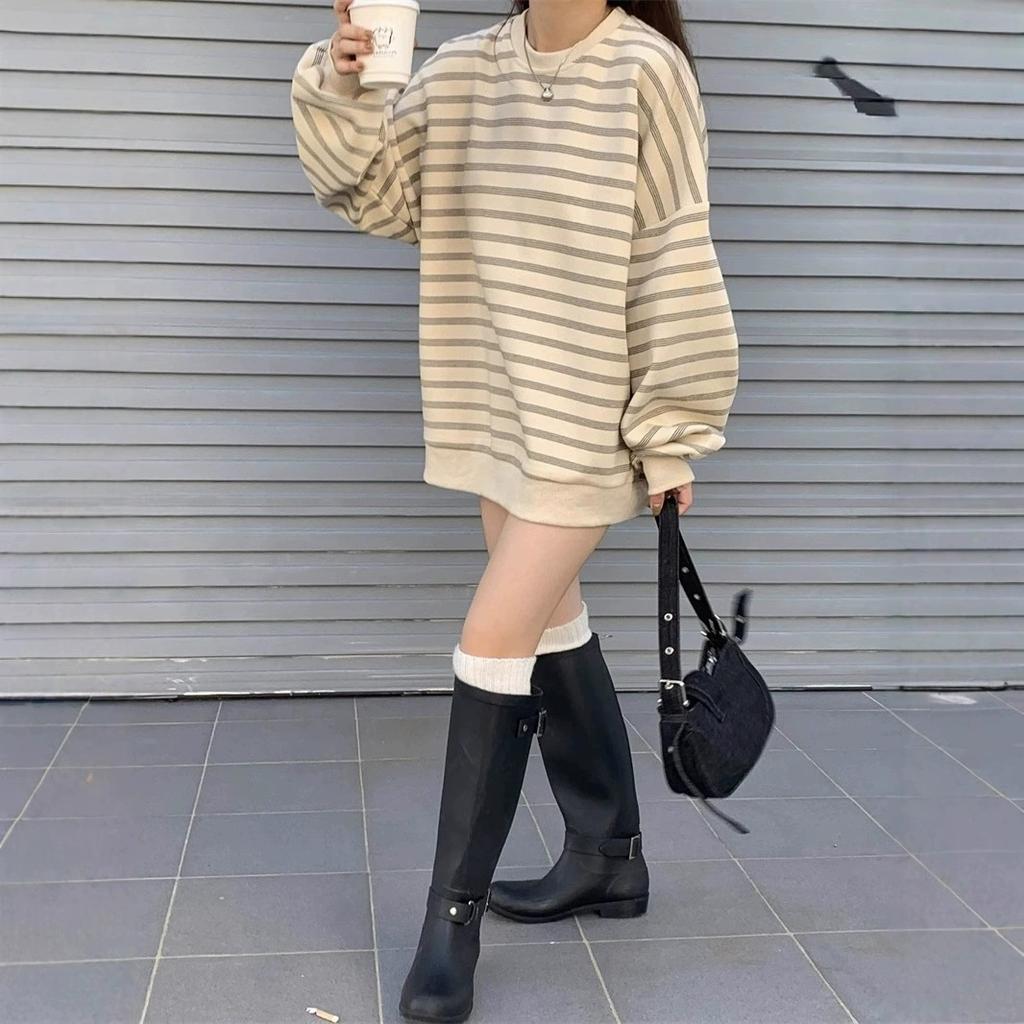 Han thin version striped sweater women's autumn new thin learning loose and versatile show casual round neck season tops tide