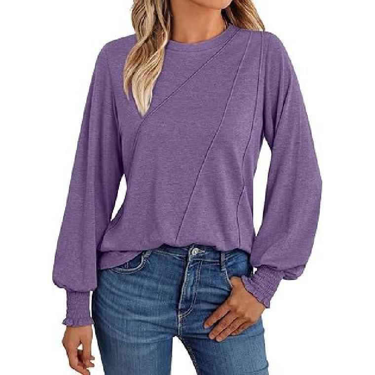 2026 popular women's long-sleeve shirt with pleated round neck, autumn top, fashionable women's clothing