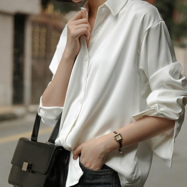 White Women's Retro Hong Kong Style Loose Satin Drape Shirt