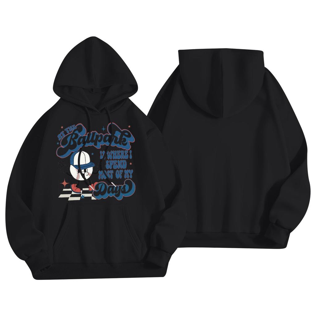 Dammode Lättviktig Långärmad Pullover Med Fickor Baseballtryck Hoodie