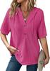 Womens Summer Waffle Knit Short Sleeve Hooded V Neck Button Drawstring Loose Shirt