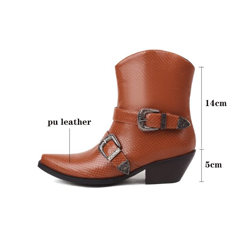 Motorcycle Western Cowboy Boots Women Snake Pu Leather Short Cossacks High Heels Pointed Cowgirl Booties Buckle Womens Shoes 46