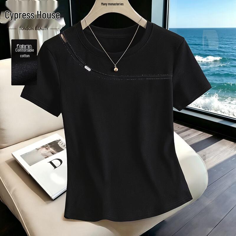 Women s Slim Fit Rhinestone Round Neck T-Shirt One Size