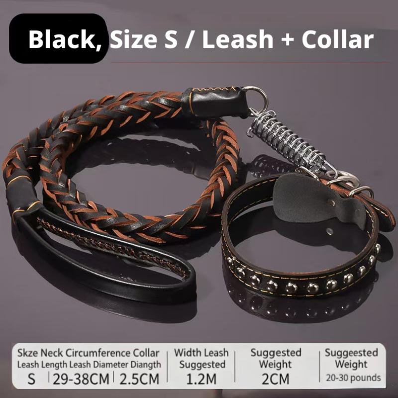 Medium Large Dog Walking Leash Set Braided Cowhide Leather Studded Collar Buffer Spring Solid Adjustable Black