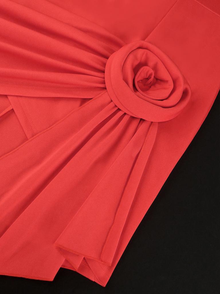 AOMEI V-Ausschnitt Partykleider Kurzarm Hohe Taille Paket Hüfte Rot Blumen Cocktail Abendveranstaltung Outfits