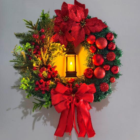 Christmas Wreath Front Door Xmas Garland with Bow Ribbon Berry Flower Decor Indoor Outdoor Winter Decoration