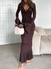 2025 Fall European & American V-neck Twist Low-cut Long-sleeve Ruffle Dress