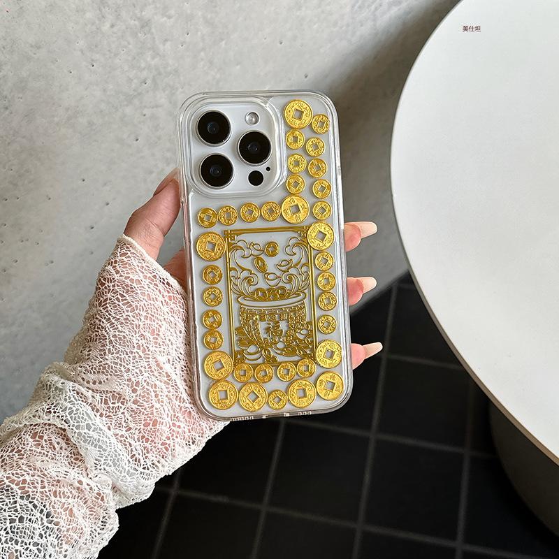 Applicable to Apple 16promax mobile phone case, Epoxy gold foil iPhone15 God of Wealth 14 Shunfeng 13 Shunshui 12 Transparent