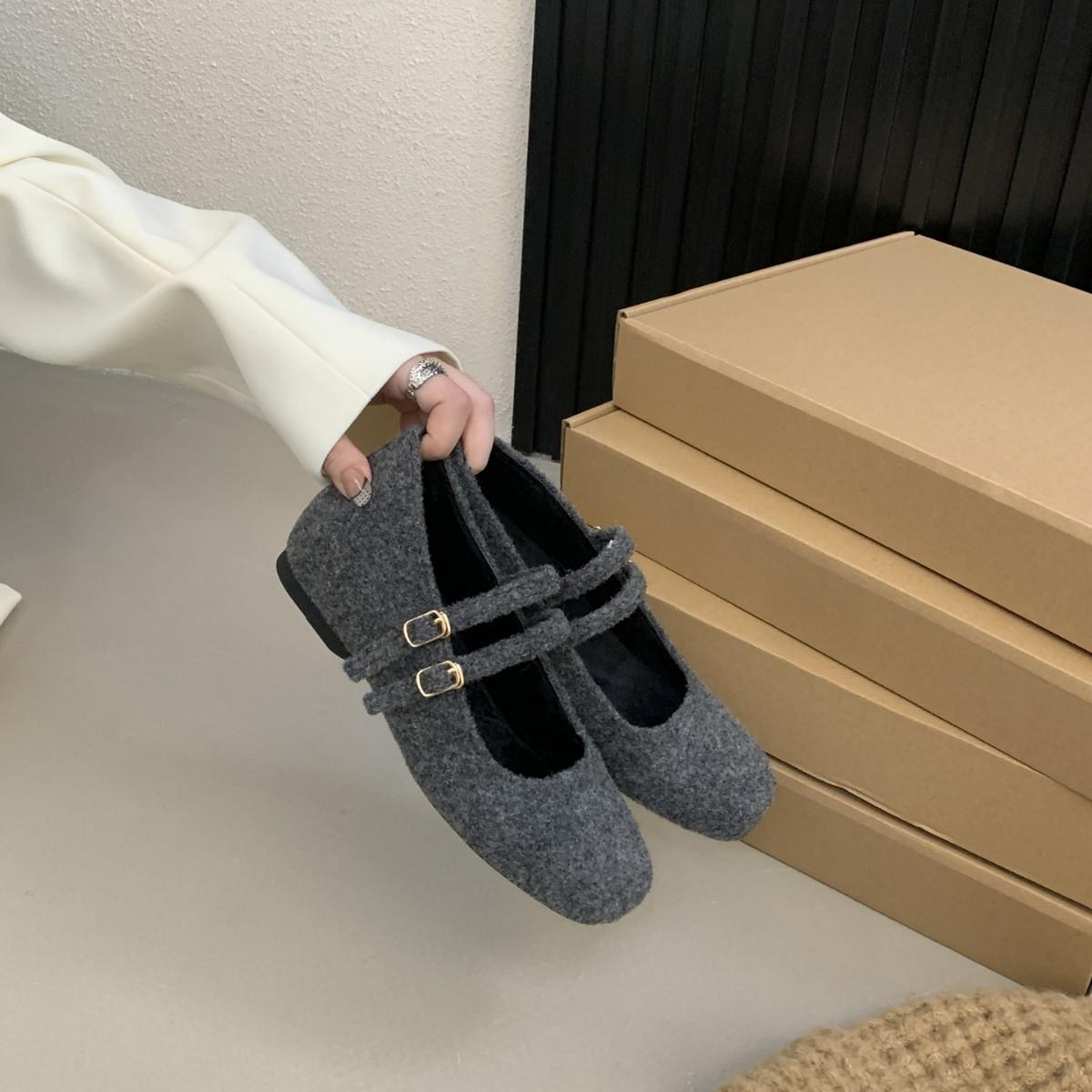 

2025 autumn and winter new round head woolen wool velvet inner slope heel one word buckle shallow mouth ballet commuter women s shoes 39 серый