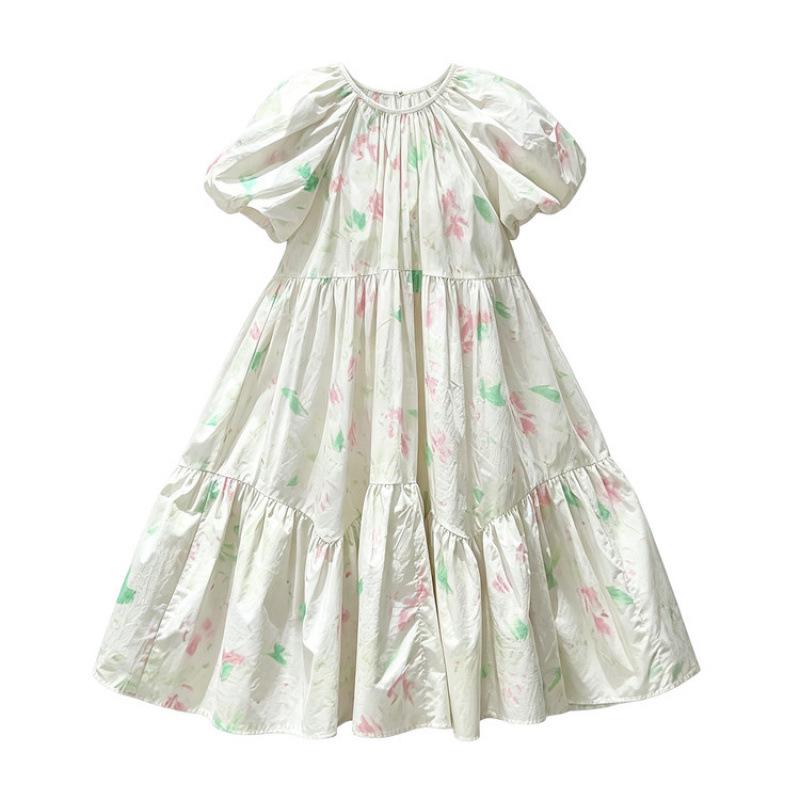 Girls' Stylish Puff Sleeve Floral Summer Dress - Princess Beach Holiday Style