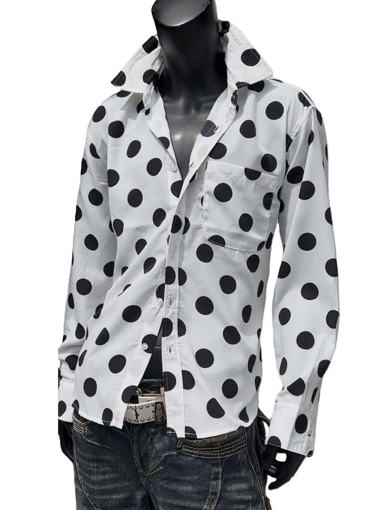 SaganStyle Traditional Polka Dot Print Long Sleeve Gothic Size YT20250001 Men's Shirt, All-Over Print, Dress, White, LL,