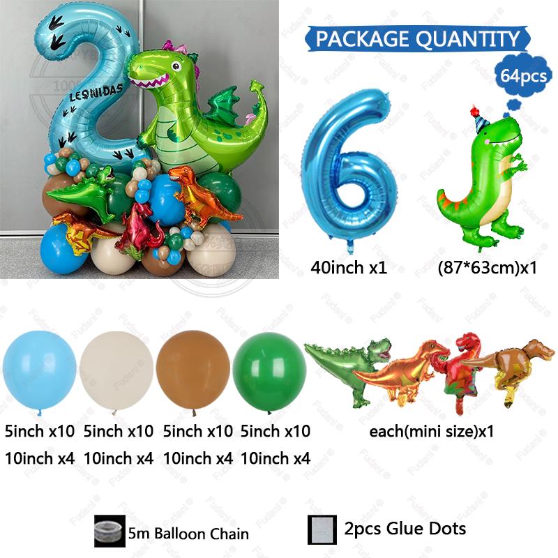 64pc/set Little Dinosaur Blue Series Digital Aluminum Film Balloon 1-9 Suitable for Birthday Party Anniversary Graduation Gift