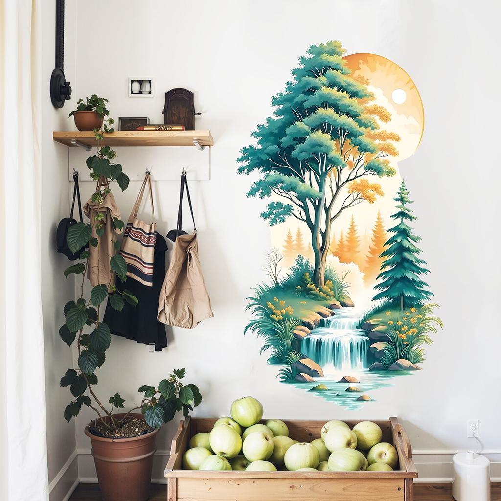 Quiet Mountains Forests Flowing Water Self-adhesive Wall Decoration Living Room Bedroom Foyer Stickers