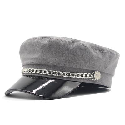 Internet Celebrities Ins Black Pu Hat Ladies Trendy Hat Chain Leather Stitching Navy Hat Curved Brim Octagonal Hat
