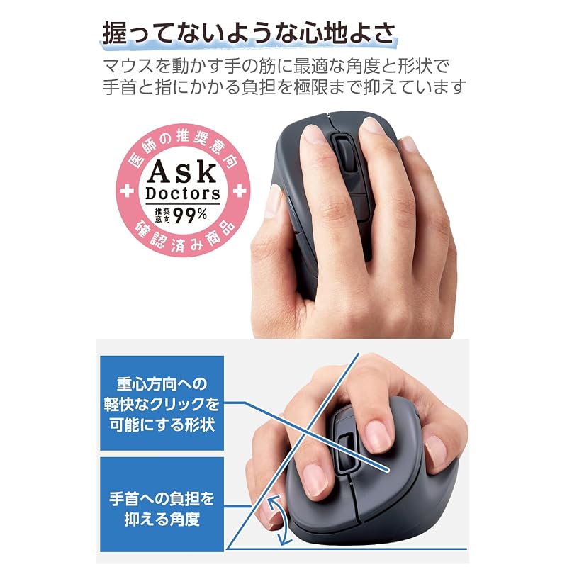 ELECOM Wireless Mouse EX-G Bluetooth Silent Medium Size 5 Buttons Multi-Pairing "AskDoctors Evaluation Service" Certified Antibacterial Black