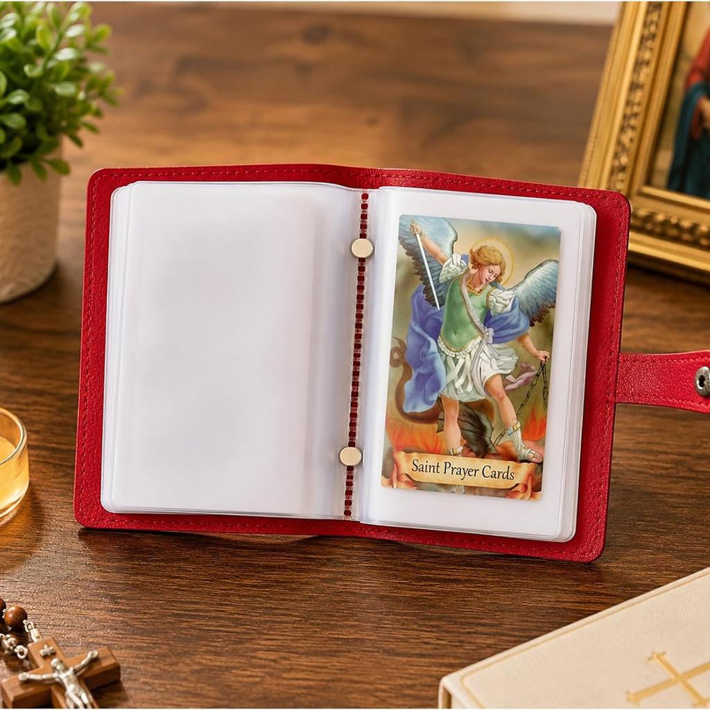 54 Catholic Prayer Card Set with Genuine Leather Holder Pocket Holy Card Organizer for Mass Daily Prayer & Religious Gifts