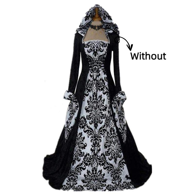Stylish And Elegant European And American Women's Banquet Medieval Hooded Swing Dress With Floral Print Retro And Artistic Long Sleeves And Waist Tie