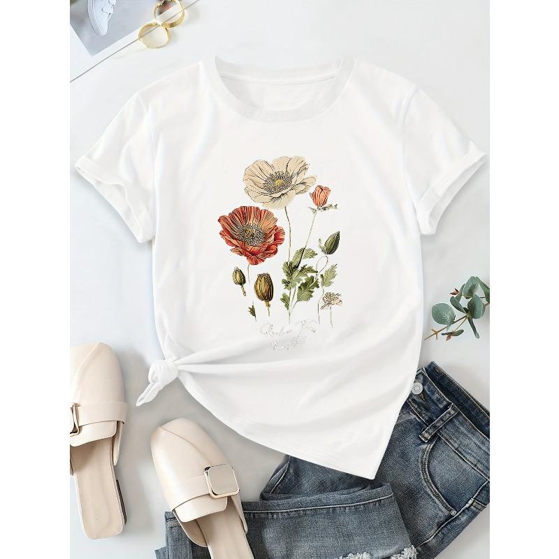 Europese maat [Ademend T-shirt met bloemenprint] Ademend, zacht dames T-shirt met bloemenprint - Zwart met rode accenten
