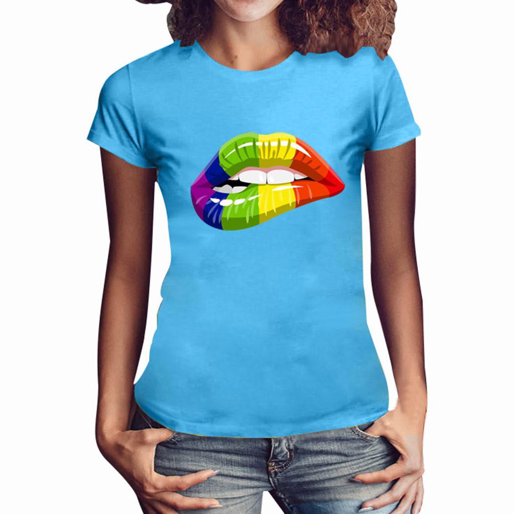 Women Girls Plus Size Lips Print Shirt Short Sleeve T Shirt Blouse Tops