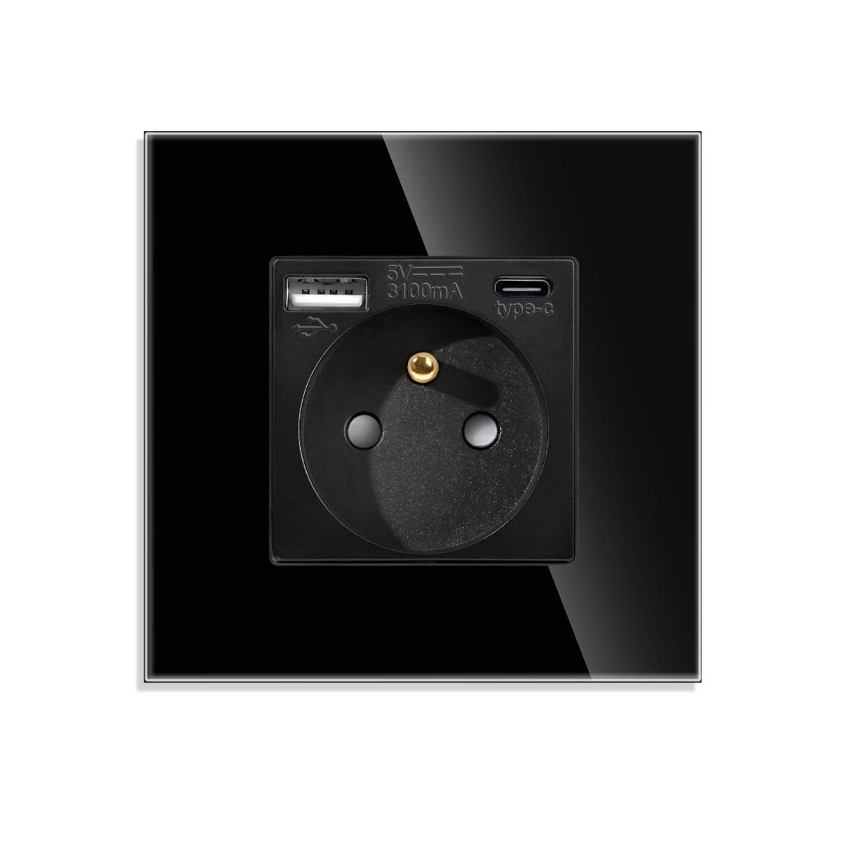 

Французька настінна розетка, розумна розетка з портом USB Type-c 5v 3.1a вогнезахисна скляна панель 86*86 мм Франція fr-black A C
