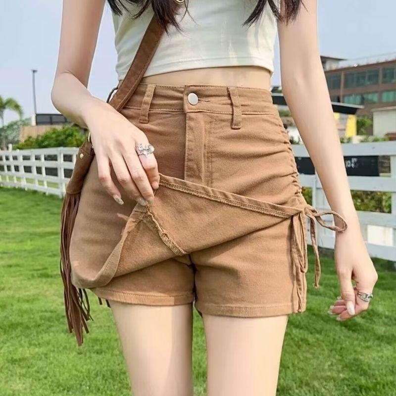 Khaki Skirt Children 2026 Spring and Summer Elastic Design Short Skirt Irregular Drawstring Jeans Skirt Fashion Feminine-inspired Casual Skort