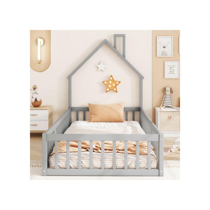 Kinderbett - MUVOE - 90 x 200 cm - Kamin-Design - Sicherheitsgitter - Grau