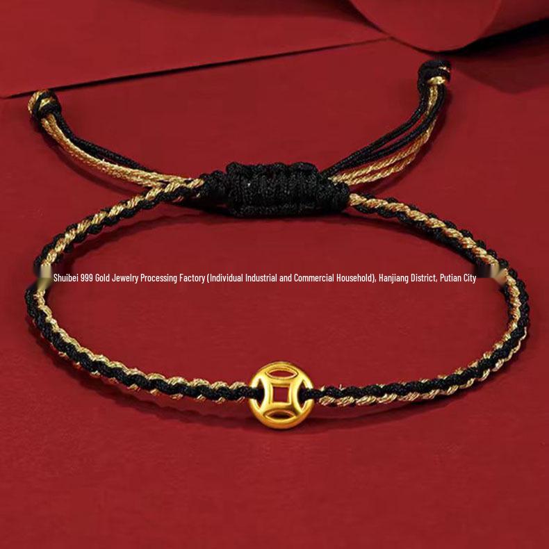 Shuibei 999 Reingold Ping'an Schnalle Armband mit goldenen Glücksperlen - Geflochtenes Handseil Valentinstag Qixi Geschenk