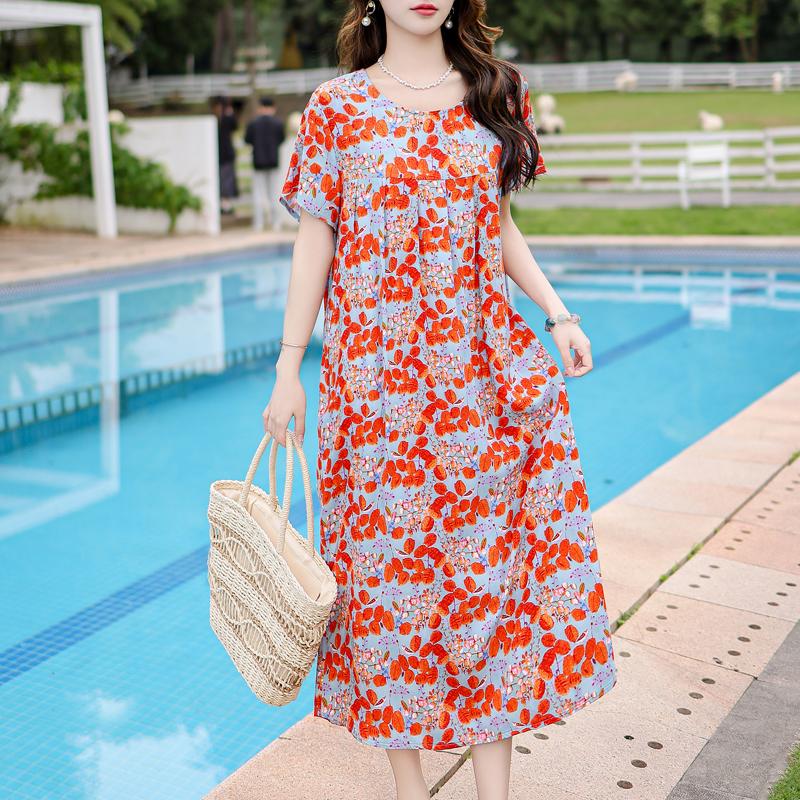 Vintage Print Loose Dresses For Women Plus Size Short Sleeve Casual Long Dress Summer Elegant Middle-aged Women's Clothing