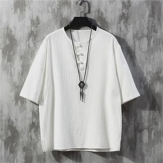 Men's Chinese Style Linen T-Shirt: Short-Sleeve, Loose Fit, Summer Cotton Blend, Buttoned, Trendy Tang Suit
