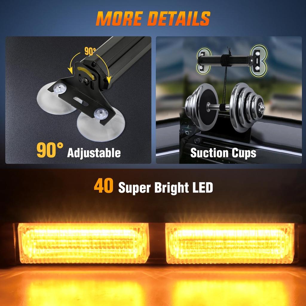 Nilight 40LED Amber Emergency Strobe Traffic Advisor Light Bar with Suction Cups Dash Safety Warning Hazard Flashing Lights Interior Front/Rear
