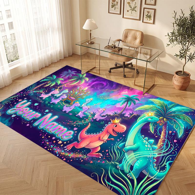 Dinosaur Theme Soft Crystal Velvet Rug Custom Name & Text Print Non Slip Floor Rug for Bedroom Living Room