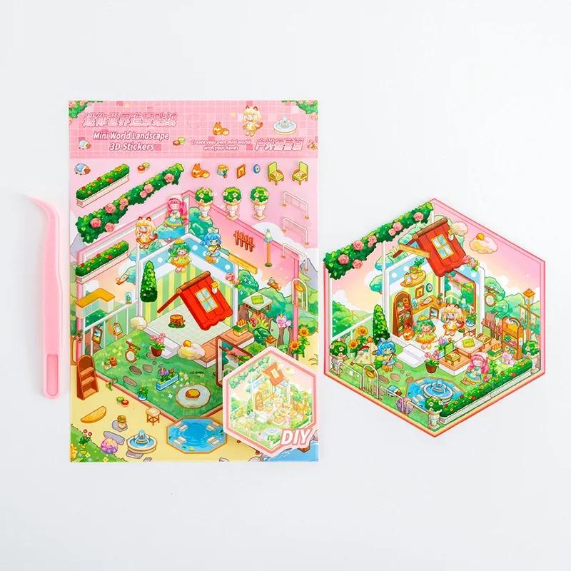 Cartoon Landscape Sticker Mini World DIY Pocket 3D Cabin Scene Stacking Pasting Christmas Birthday Gift for Kid Child