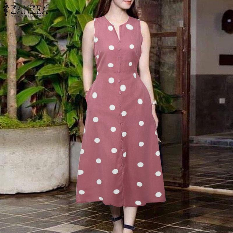 ZANZEA Women Vacation Casual V-Neck Sleeveless Polka Dot A-Line Slit Dress