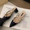 2025 new summer French rivets high-end high-heeled bag head half slippers women's pointed thick heel with skirt sandals