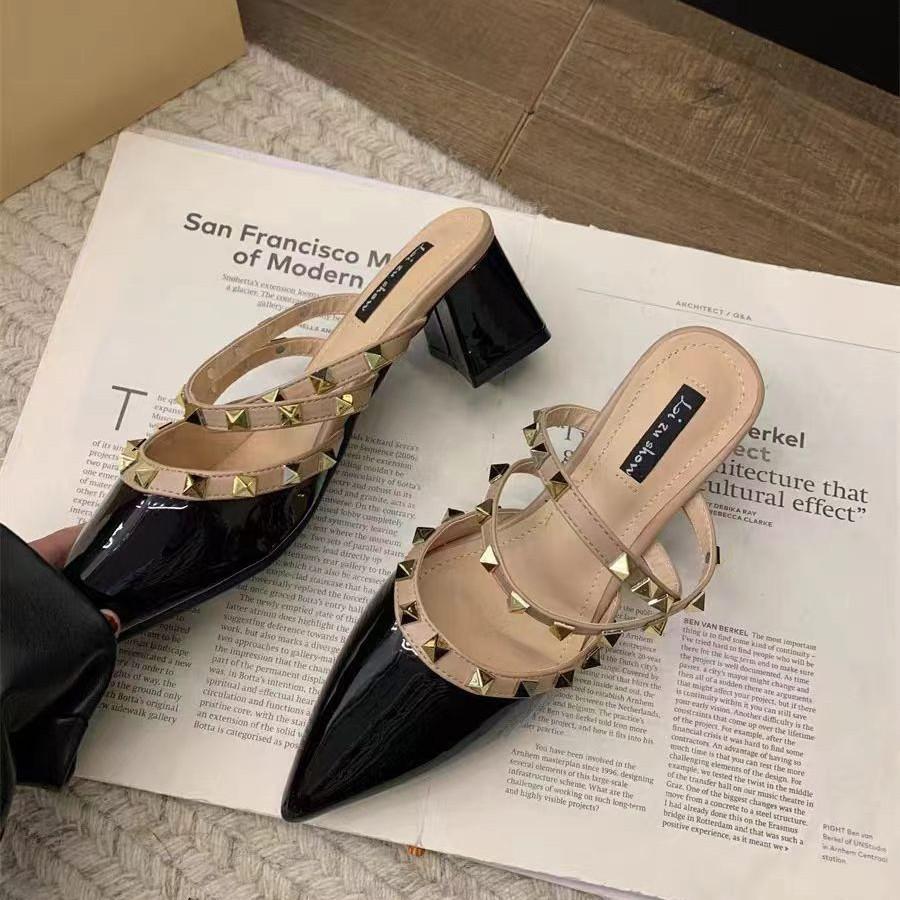 2025 New Summer French Rivets High-end High-heeled Bag Head Half Slippers Women's Pointed Thick Heel with Skirt Sandals