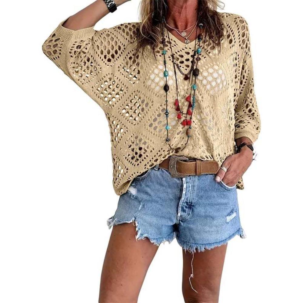 Women Spring Summer V-neck Diamond Hollow Out Batwing Sleeve Knit Sweater Loose Cover Up Blouse