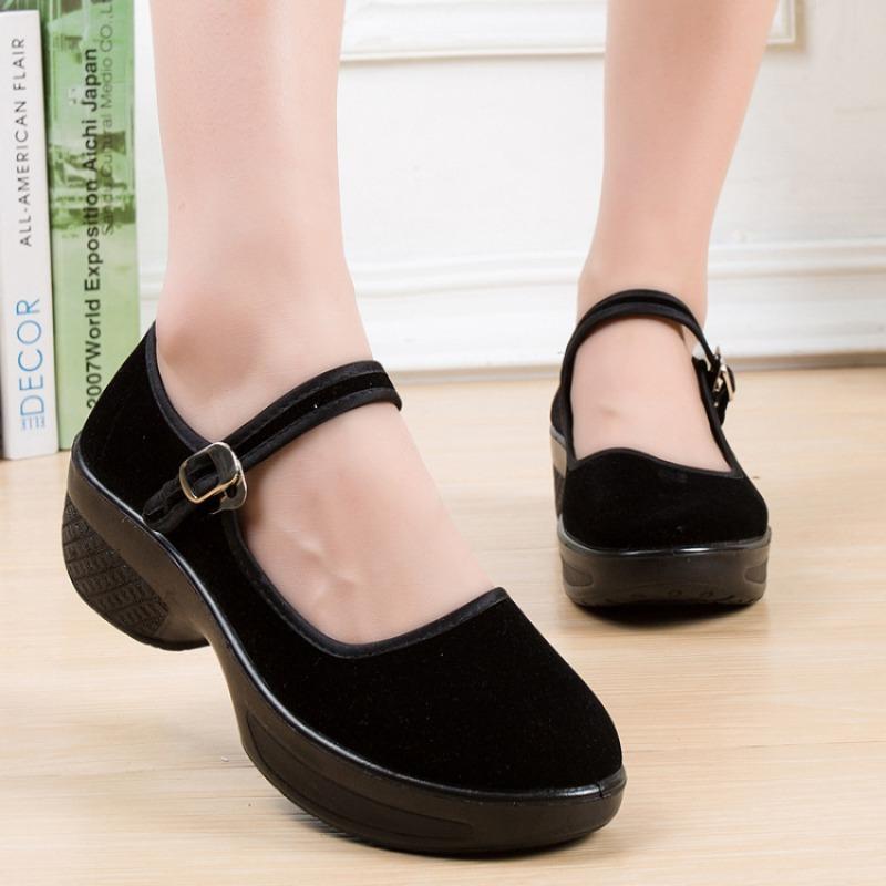 

One-word women s shoes soft-soled dance shoes medium heel black work shoes hotel non-slip platform square dance women s shoes 35 чёрный