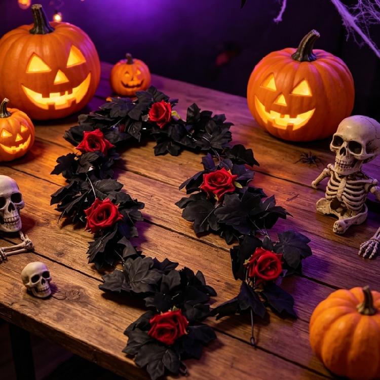 Halloween Home Setting Accent, 65.98 Inch Black Maple Rose Chain for Entryway, Door Frame, Shelf, and Wall Trim